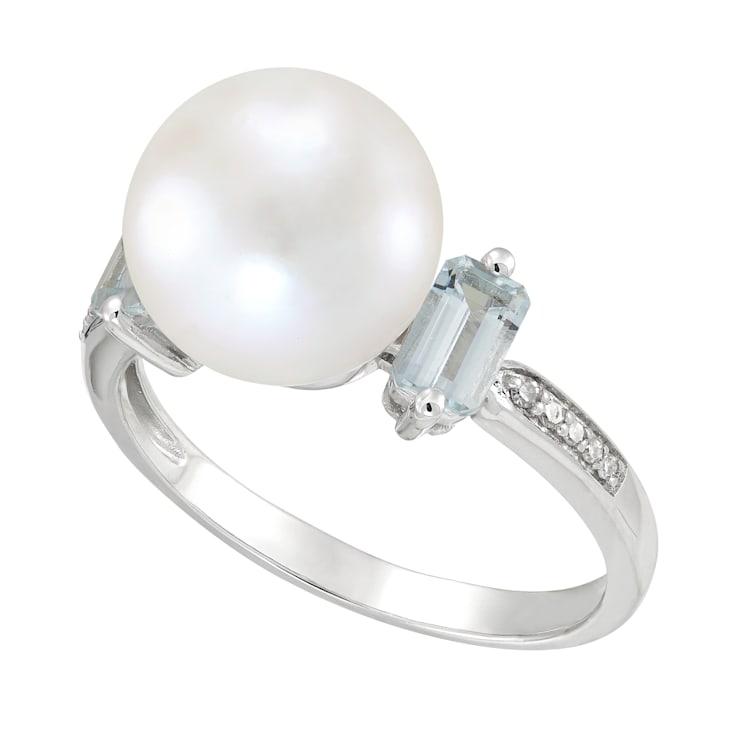 10-10.5mm Round White Freshwater Pearl, Aquamarine with