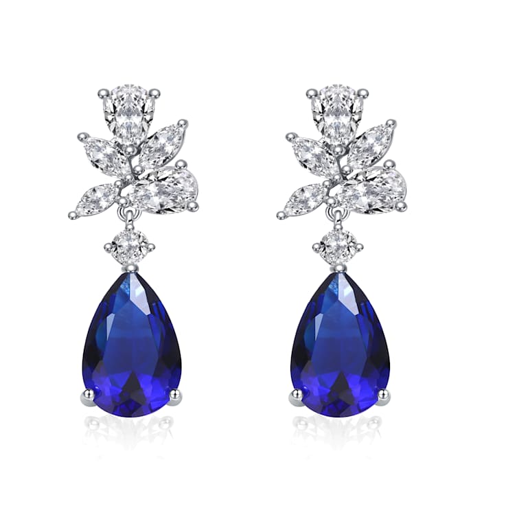 Sapphire Color CZ Teardrop Cluster Drop Earrings In White Gold Over Brass