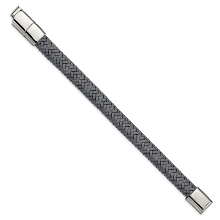 Gray Woven Leather and Stainless Steel Polished 8-inch with 0.5-inch
Extension Bracelet