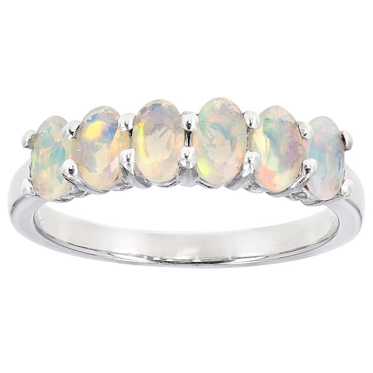 Opal And Diamond Accent Band Ring In Sterling Silver