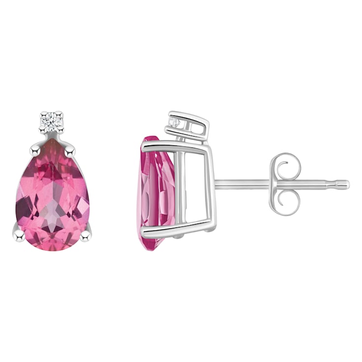 8x5mm Pear Shape Pink Topaz with Diamond Accents 14k White Gold Stud Earrings