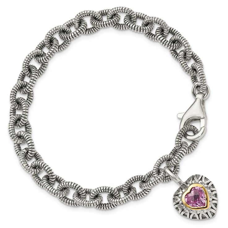 Sterling Silver with 14K Gold Over Sterling Silver Accent Oxidized Lab
Pink Sapphire Heart Bracelet