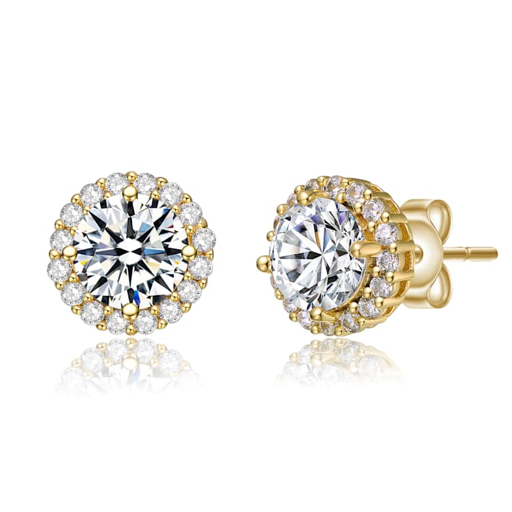 CZ Halo Stud Earrings In 14K Gold Over Brass