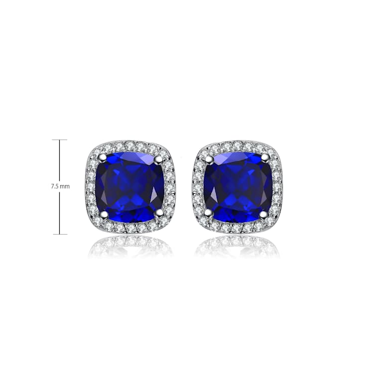 Sapphire Color CZ Halo Stud Earrings In Sterling Silver