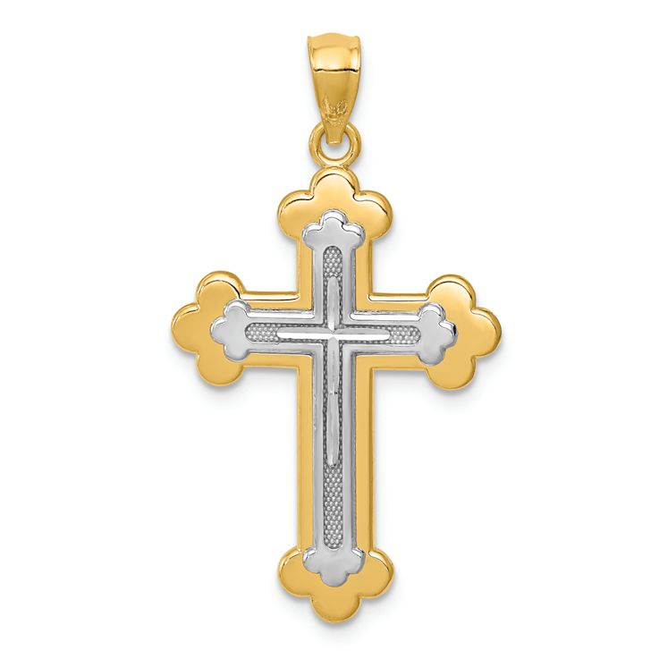 14k Yellow Gold and 14k White Gold Budded Cross Pendant