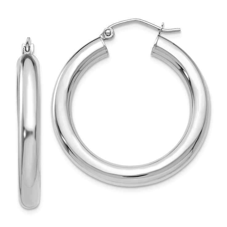 Rhodium Over 14k White Gold 1 3/16" Polished Tube Hoop Earrings