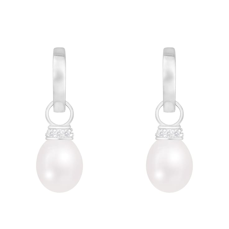 8-8.5mm White Cultured Freshwater Pearl Rhodium Over Sterling Silver Earrings