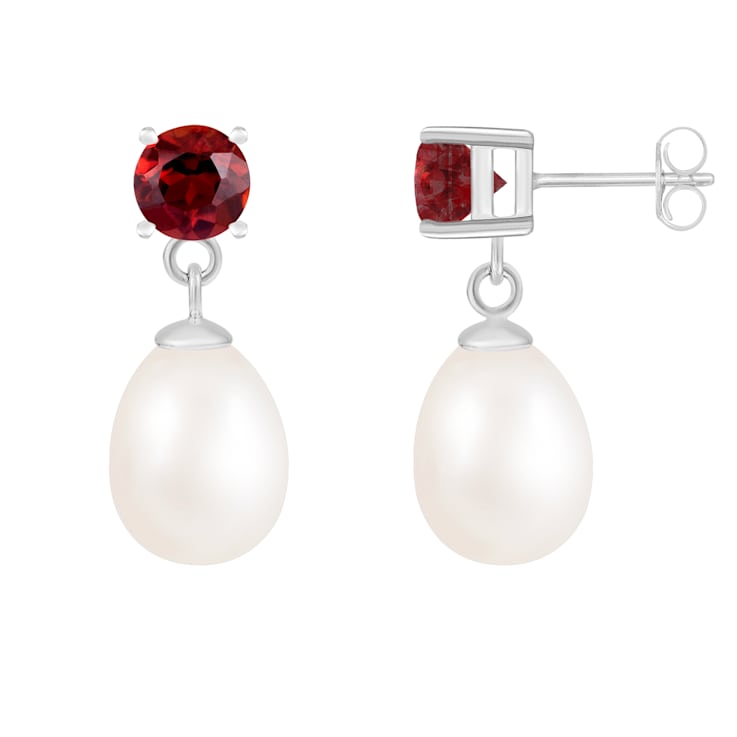 7.5-8mm White Cultured Freshwater Pearl and Garnet Rhodium Over Sterling
Silver Earrings