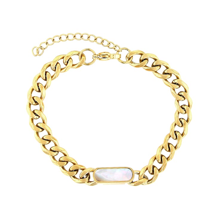 Cuban Link And Mother-Of-Pearl Station Bracelet In Gold-Tone 7mm