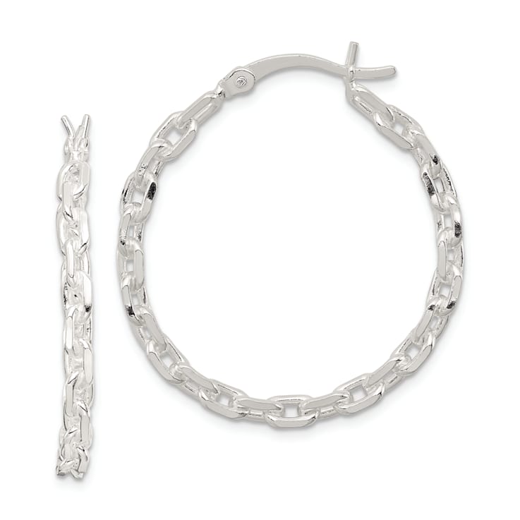 Sterling Silver Polished Textured Cable Chain 3x30mm Hoop Earrings