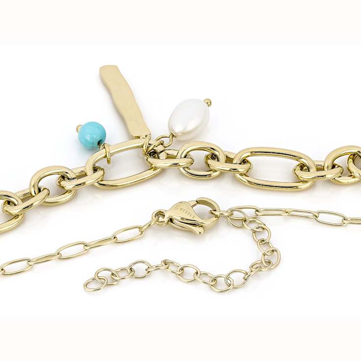 Turquoise Simulant And Freshwater Pearl Charm Necklace In Gold-Tone 18 Inch