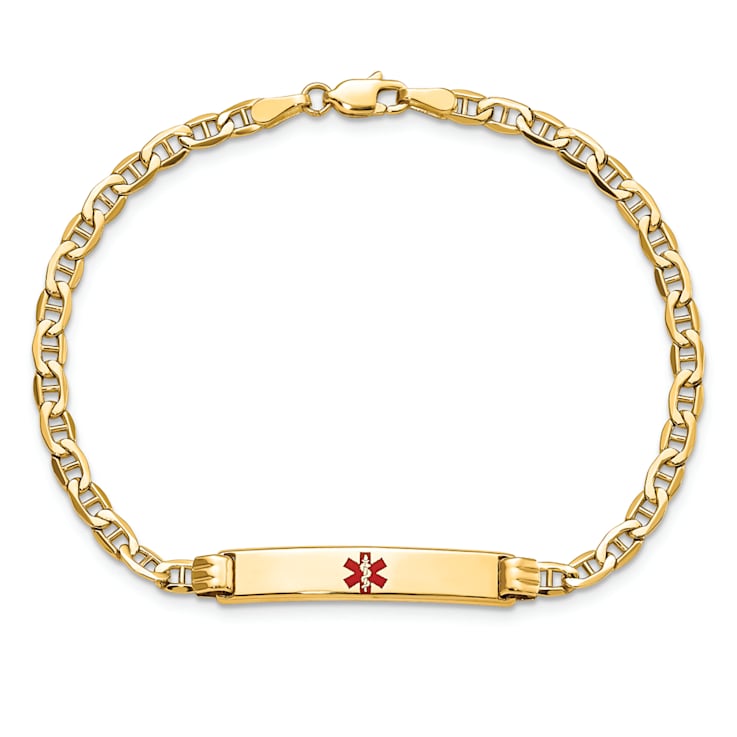14k Yellow Gold Medical Polished Red Enamel Mariner Link ID Bracelet