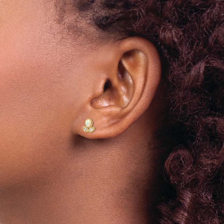 14k Yellow Gold Cubic Zirconia and Lab Created Opal Stud Earrings