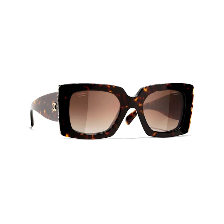 Chanel Havana Brown Frame CC Logo White Pearl Accent Brown Polarized Sunglasses