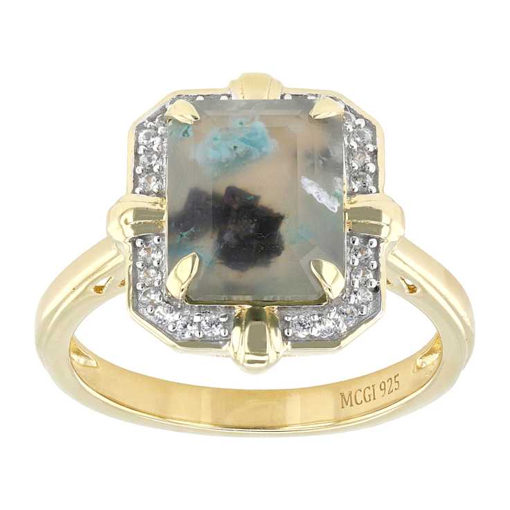 Blue Chalcedony Rectangular Octagonal And White Zircon Ring In 18K Gold
Over Sterling Silver 2.81ctw