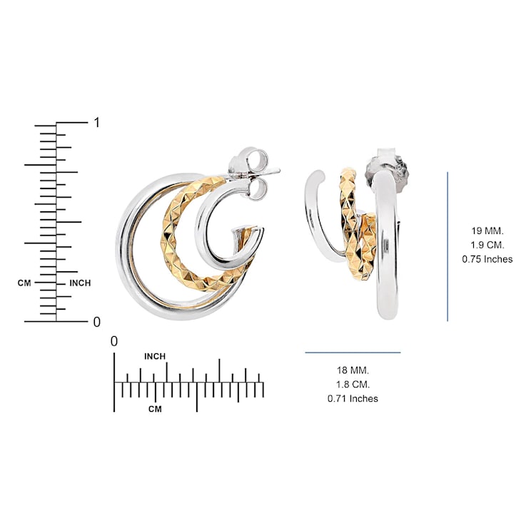 Rhodium Over Sterling Silver Two-Tone Triple Hoops