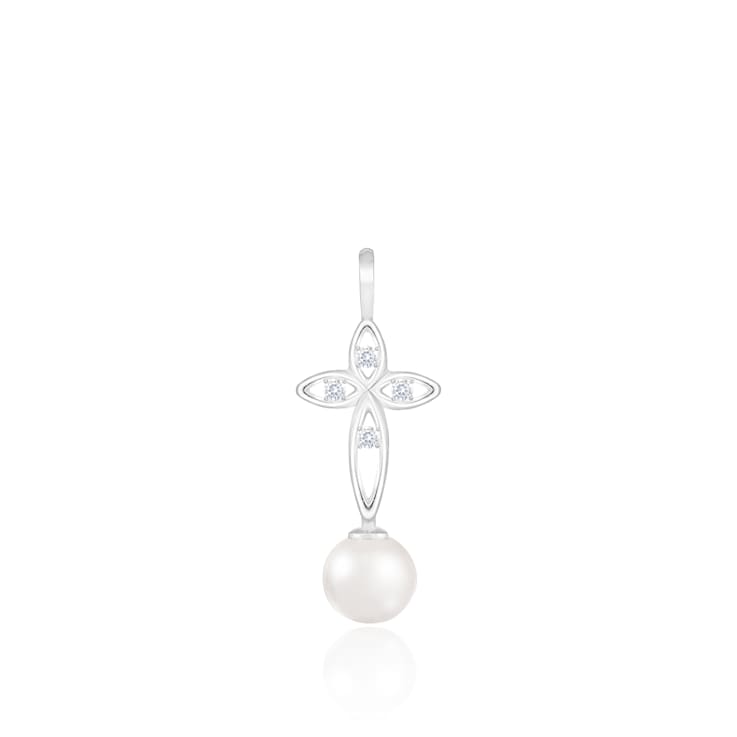 White Cultured Freshwater Pearl and Diamond 14K White Gold Pendant 6-6.5mm
