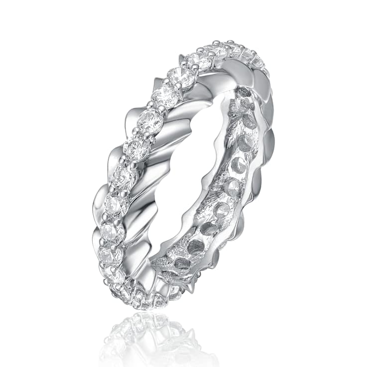 Modern CZ Band Ring In White Rhodium Over Brass