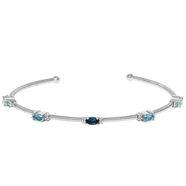Multi-Blue Topaz And White Zircon Cuff Bracelet In Sterling Silver 1.33ctw