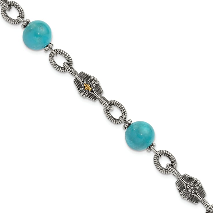 Sterling Silver with 14K Gold Over Sterling Silver Accent Oxidized
Reconstructed Turquoise Bracelet