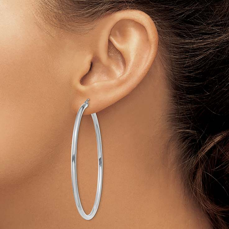 Rhodium Over 14k White Gold Polished 2 3/8" Tube Hoop Earrings