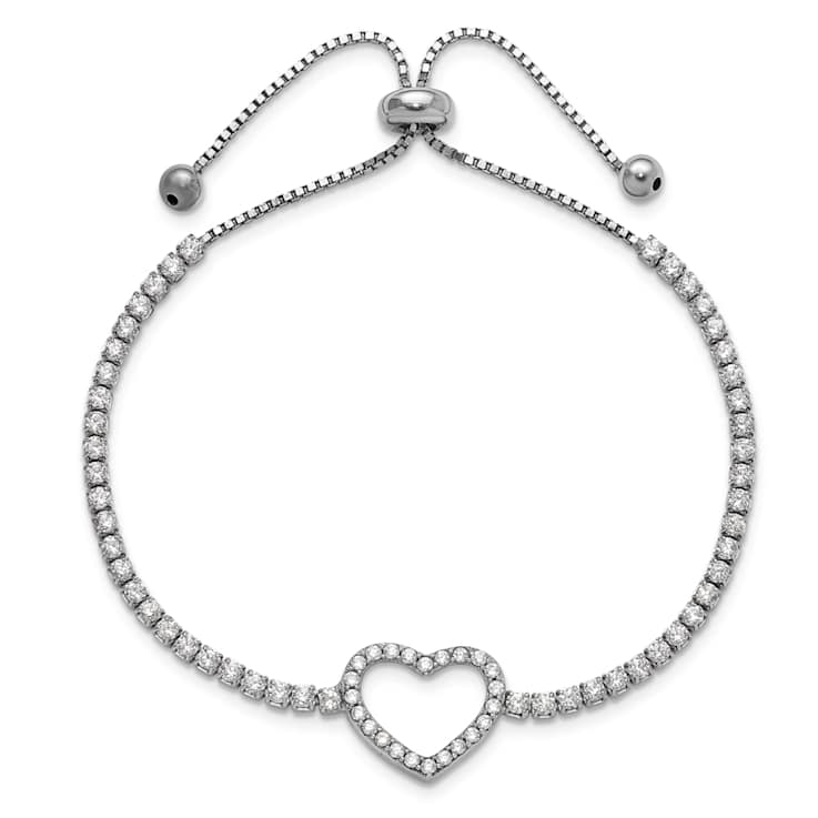 Rhodium Over Sterling Silver Cubic Zirconia Heart Adjustable Bracelet