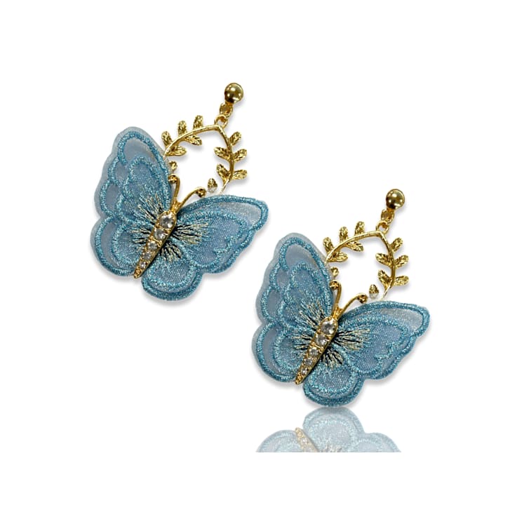 Gold Tone Blue Fabric Butterfly Earrings