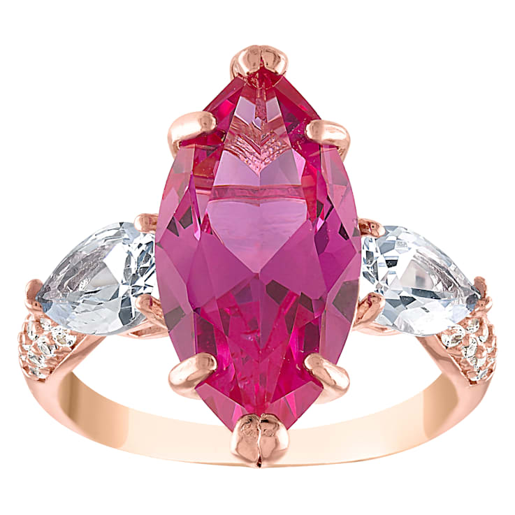 14K Rose Gold Over Sterling Silver Lab Created Pink Sapphire, Aquamarine
and Lab White Sapphire Ring