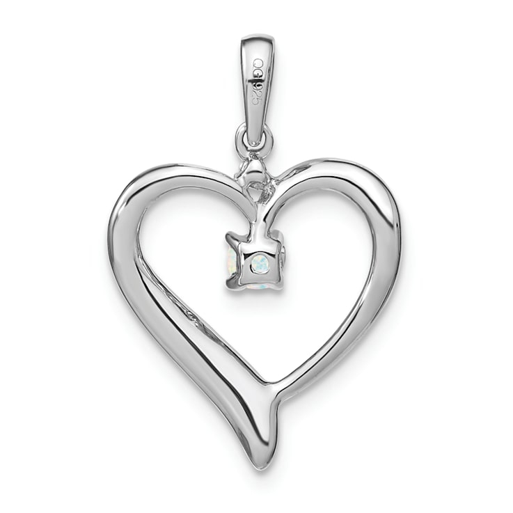 Rhodium Over 14k White Lab Gold Created Opal and Diamond Heart Pendant