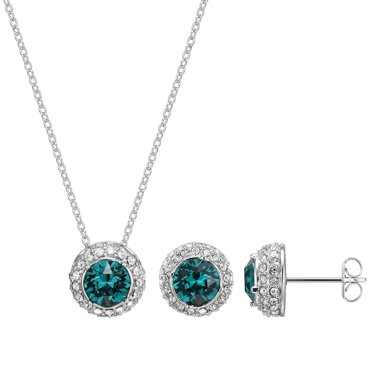 Green and White Crystal Rhodium Over Brass Pendant With Chain and Stud
Earring Set 2.94cttw