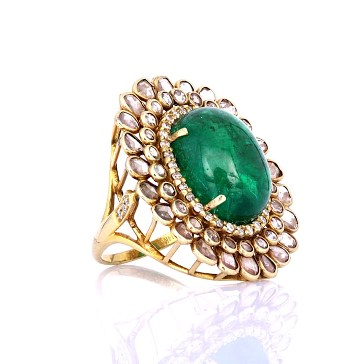 14.65 Ctw Emerald and 3.87 Ctw White Diamond Ring in 14K YG