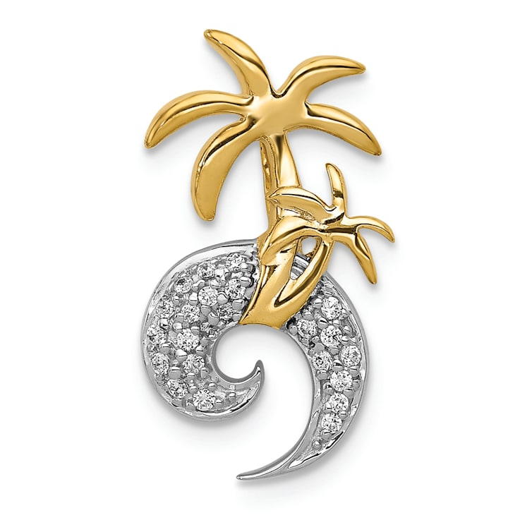 14k Two-tone Gold Diamond Double Palm Tree and Wave Chain Slide Pendant