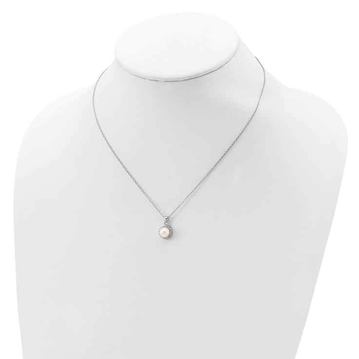 Rhodium Over Sterling Silver 7-8mm White Button Freshwater Cultured
Pearl Cubic Zirconia Necklace