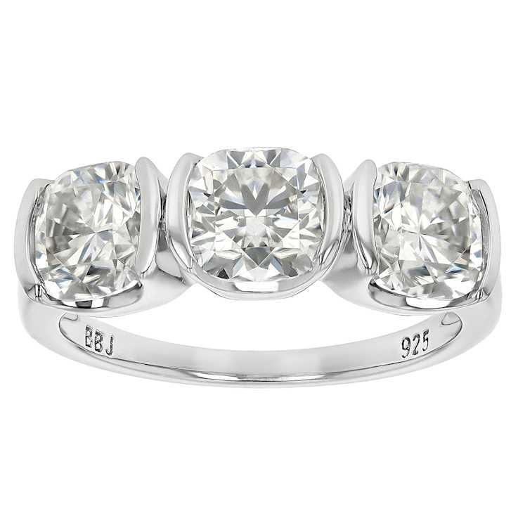 Cushion-Cut Moissanite Three-Stone Ring In Platinum-Enhanced Sterling Silver