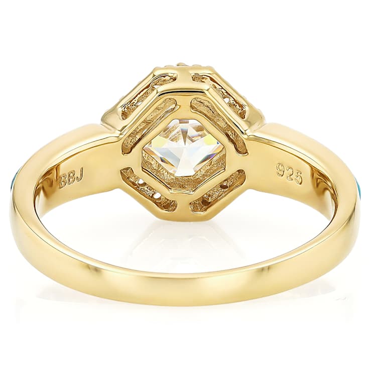 Diamond Simulant Asscher, Composite Turquoise And White Zircon Ring In
18K Gold Over Sterling Silver 2.04ctw