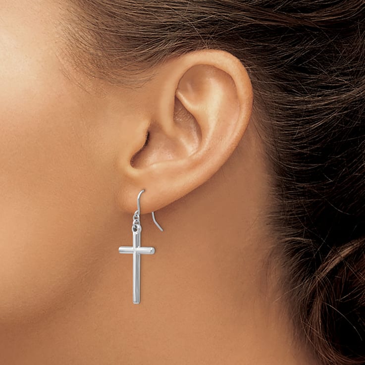 Rhodium Over 14k White Gold Cross Dangle Earrings