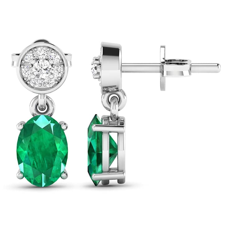 1.12ctw 14K White Gold  Zambian Green Emerald and White Diamond Halo Earrings