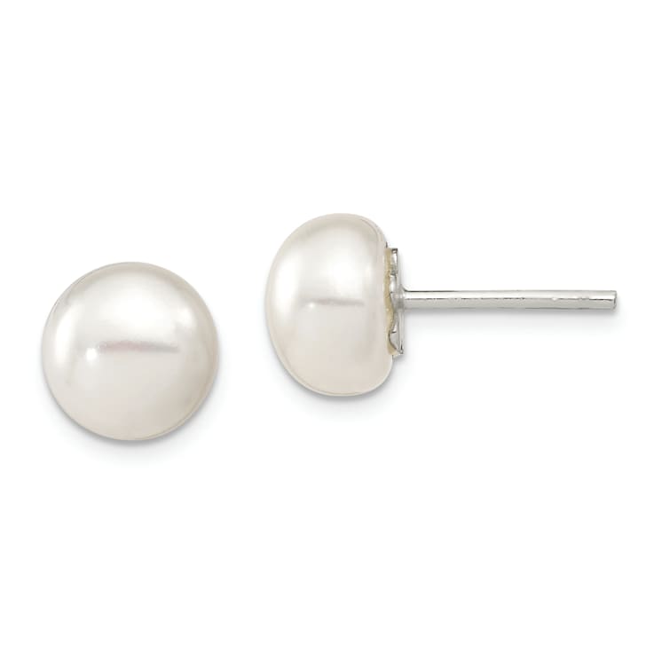 Sterling Silver White Freshwater Cultured Pearl 10mm Button Earrings Sterling Silver White Freshwater Cultured Pearl 10mm Button Earrings