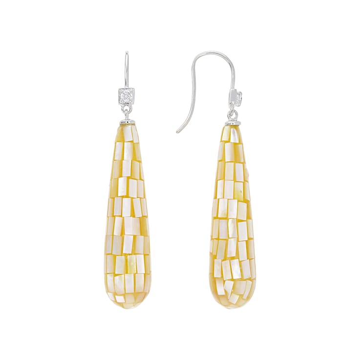 Golden Mother-Of-Pearl And CZ Dangle Earrings In Sterling Silver