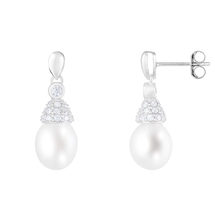 7.5-8mm White Cultured Freshwater Pearl Rhodium Over Sterling Silver Earrings