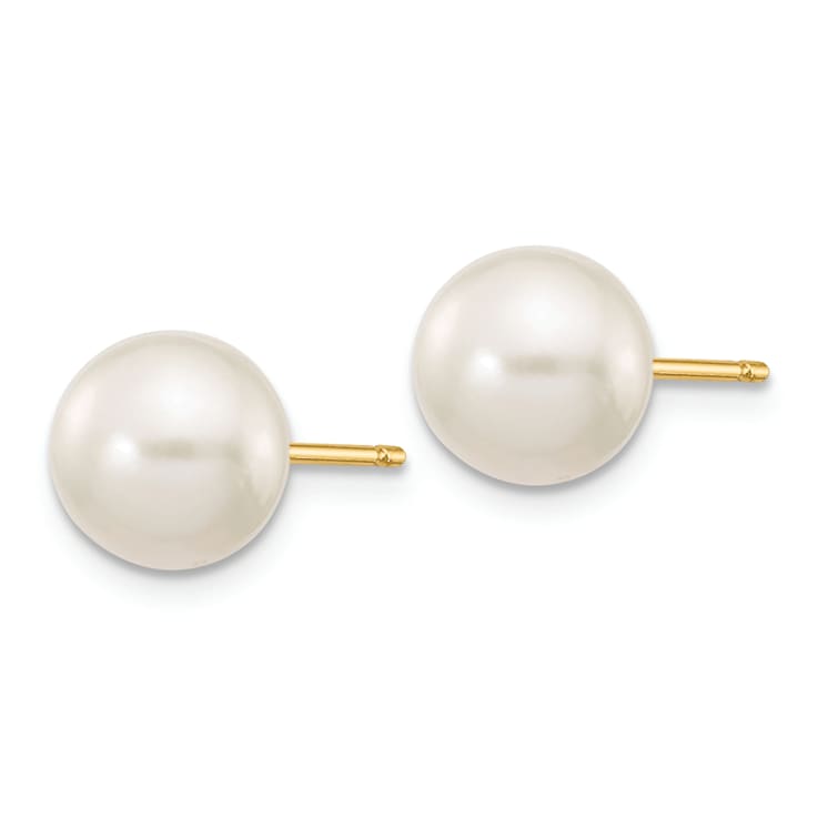 14K Yellow Gold 7-8mm White Round Freshwater Cultured Pearl Stud Post Earrings