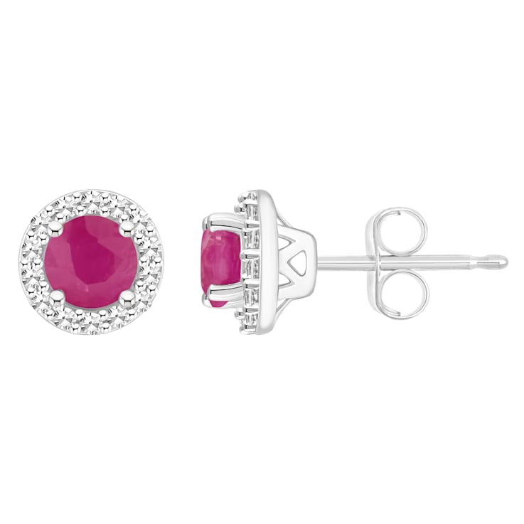 4mm Round Ruby 1/8 ctw Diamond Rhodium Over Sterling Silver Halo Stud Earrings