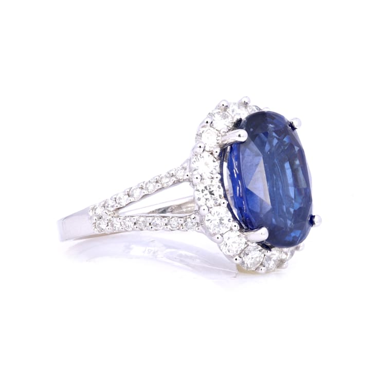 8.31 Ctw Blue Sapphire and 1.42 Ctw White Diamond Ring in 14K WG