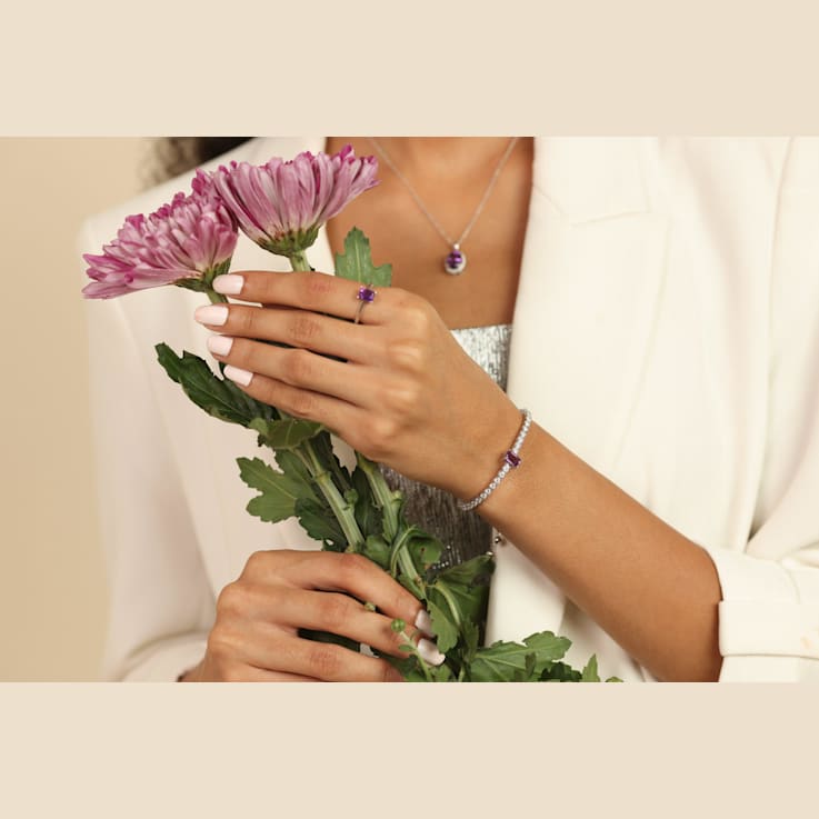 Purple Amethyst with Moissanite Accents Rhodium Over Sterling Silver Bracelet