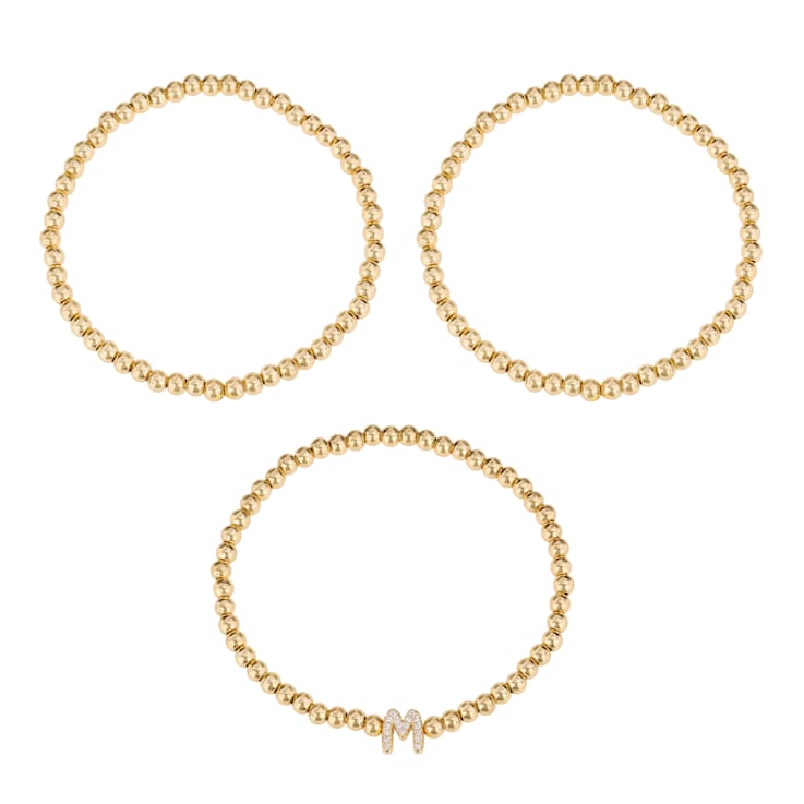 Initial M CZ Beaded Bracelet Set In 14K Gold Over Brass 0.17ctw