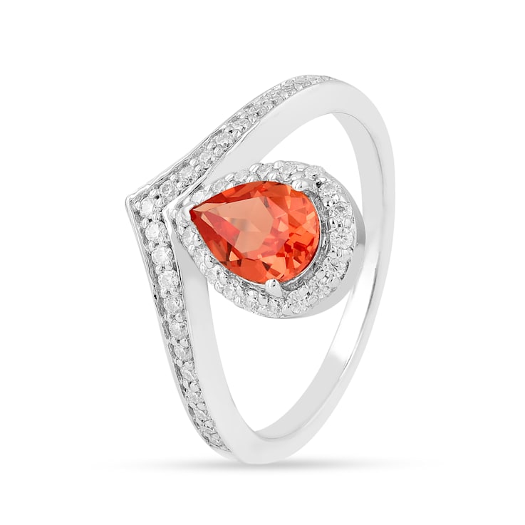 Peach Orange Lab Created Pear Shaped Padparadscha Sapphire &
Moissanite Rhodium Over Silver Ring
