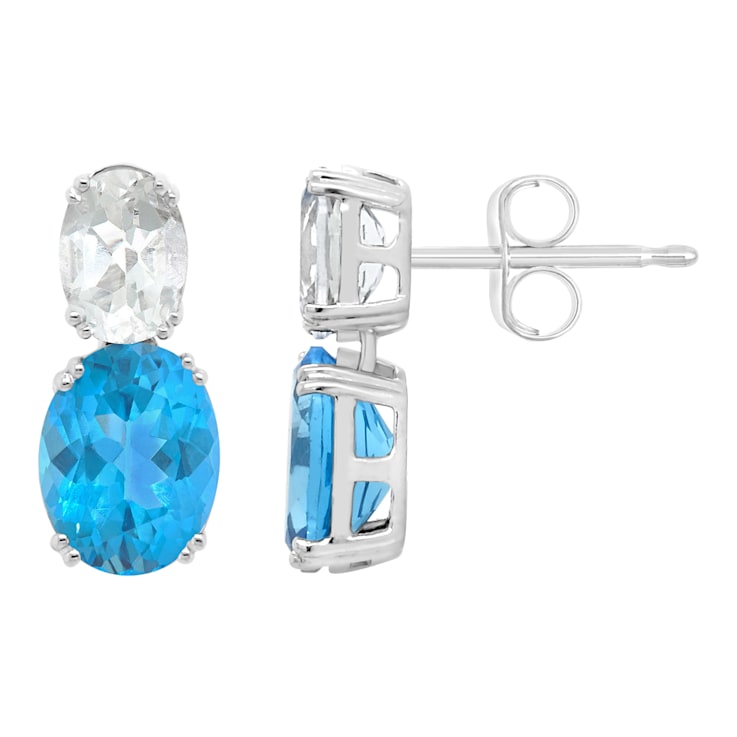 9x7mm Oval Blue Topaz And White Topaz Rhodium Over Sterling Silver Earrings