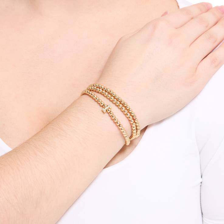 Initial I CZ Beaded Bracelet Set In 14K Gold Over Brass 0.10ctw