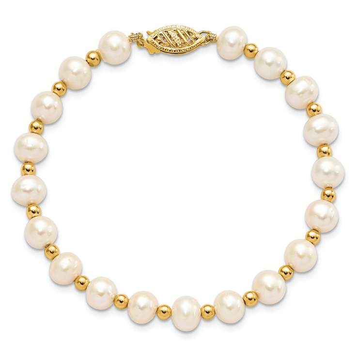 10k Yellow Gold 6-7mm White Near Round Freshwater Cultured Pearl Bead Bracelet