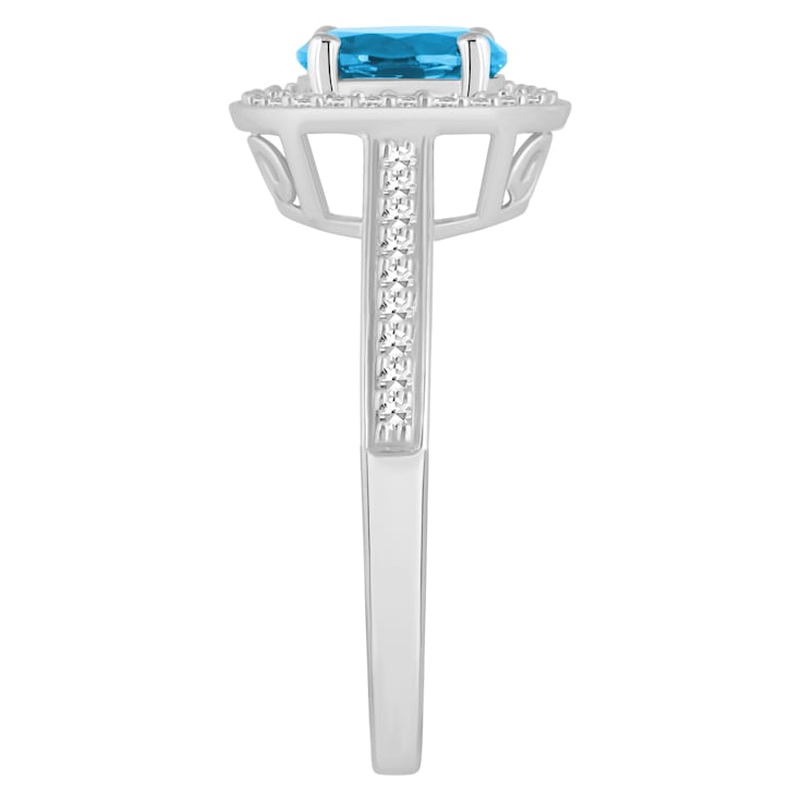 7mm Round Blue Topaz 1/5 ctw Diamond Rhodium Over Sterling Silver Halo Ring